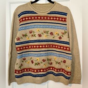 Alfred Dunner Embroidered Beige Pullover Sweater Cottagecore, Size L